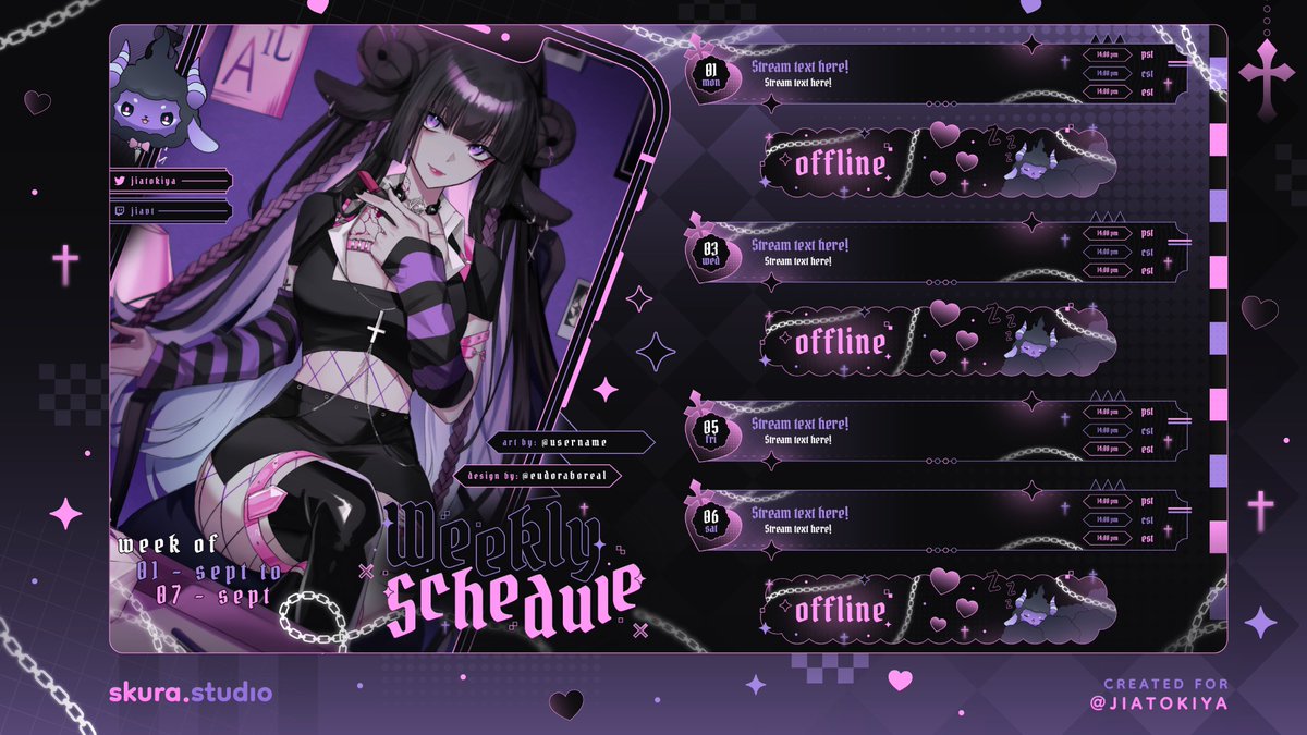 〖 stream schedule 〗
──★ ˙ ̟ created for <a href="/JiaTokiya/">Jia 🐏🗡️ OFFKAI</a>
thanks again for the opportunity ~ ♡ (,,&gt;ヮ&lt;,,)!

[#Vtuber #VTuberAssets #VTuberUprising #ENVtuber]
