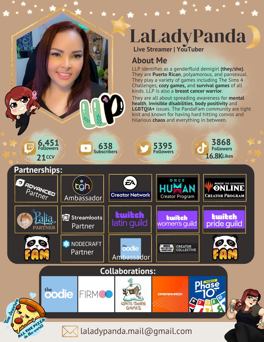 ✨Media Kit✨

Hi, I'm LLP (they/she), a comfy variety streamer &amp; YouTuber. I'm a BIPOC, LGBTQIA+, disabled, body positive, breast cancer warrior &amp; content creator looking for opportunities!  

I love cozy, survival, sim, and horror games!

Links: laladypanda.com
DMs open