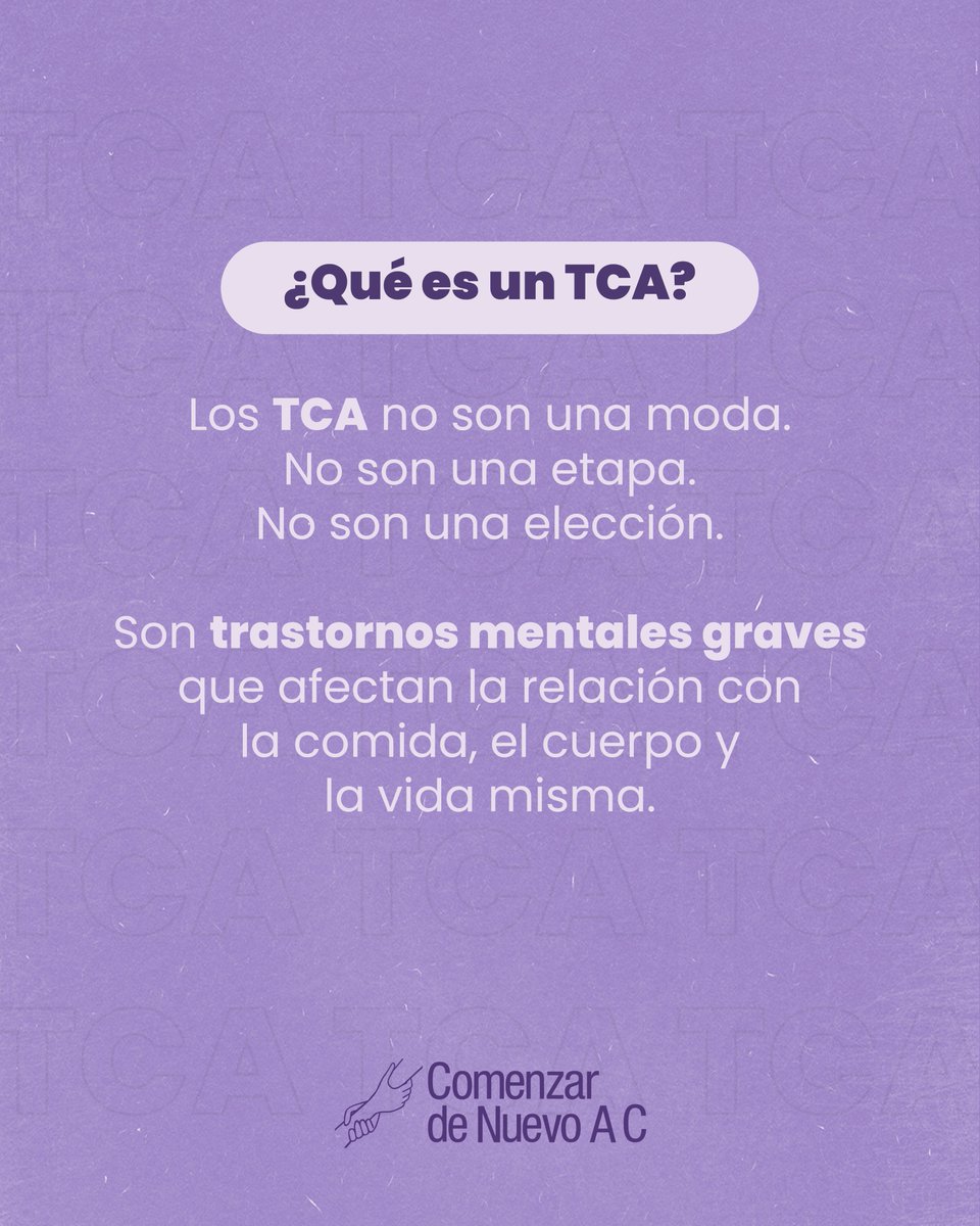 💜Día Mundial de Acción por los Trastornos de la Conducta Alimentaria.  

Los TCA no son una etapa ni una elección. Son enfermedades mentales complejas que afectan la vida de millones de personas en silencio.  
#ComenzardeNuevo #WorldEatingDisordersDay #TCA