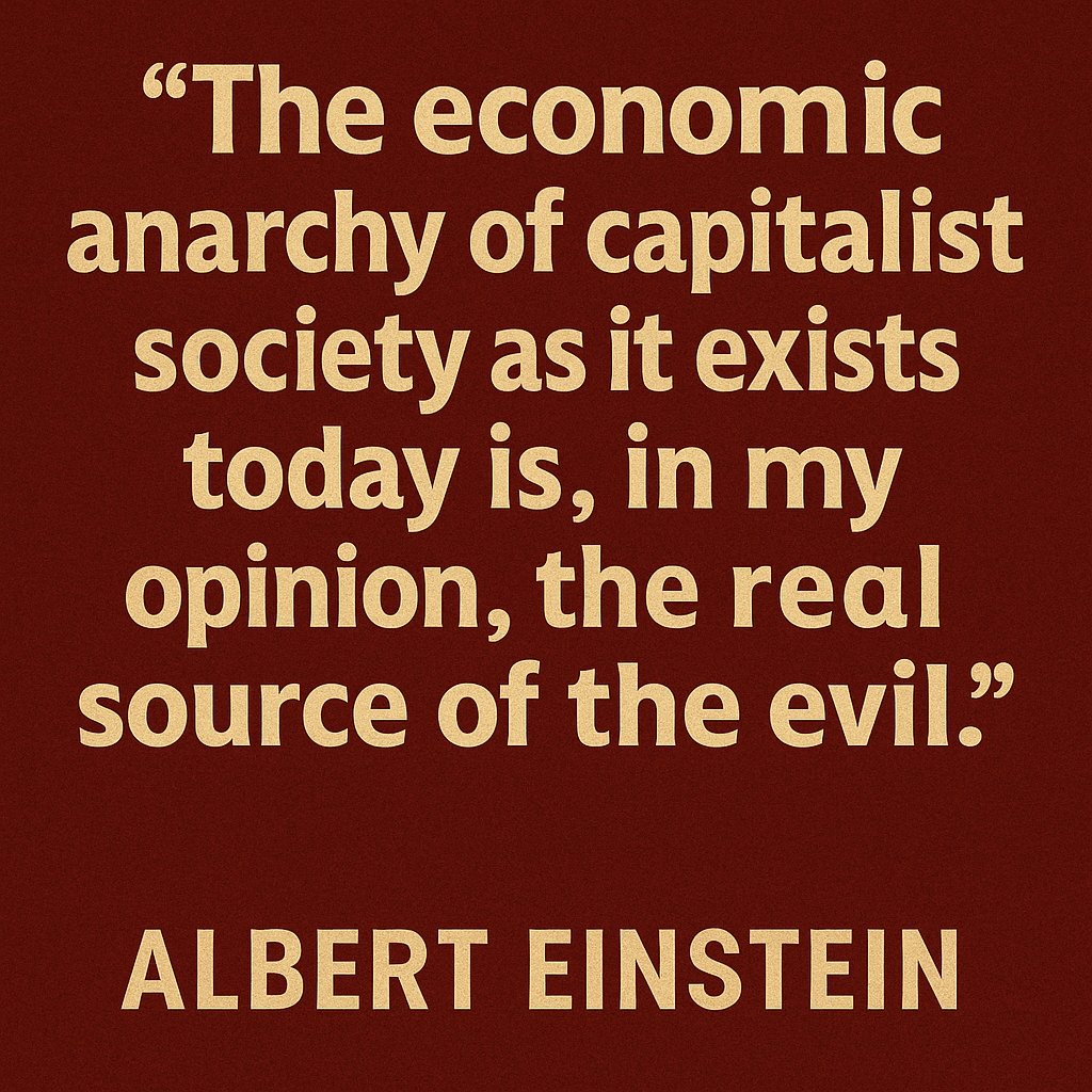 ElMaldeOjo1's tweet photo. Albert Einstein’s essay, “Why Socialism?” was a clear example of someone using Dialectical Materialism in motion. He saw through capitalist contradictions as someone who felt that you didn’t need to be a political scientist to see obvious problems in society. Just have the courage to question what the rich want you to believe, and common narratives. He wrote: "The economic anarchy of capitalist society as it exists today is, in my opinion, the real source of the evil."
Einstein didn’t need media to tell him what he should believe, he just followed logic to its end: if wealth is power, and power serves itself, then justice needs a new system to ensure the continuation of society for the majority. Dialectical Materialism asks: what are the material conditions we observe, and how do they shape society? Einstein applied this in his own way, by observing how economic structures produce inequality, not by accident, but by design. Our system is working as it was intended to. He warned of “an oligarchy of private capital the enormous power of which cannot be effectively checked even by a democratically organized political society.”
Sound familiar? Because it is. It’s our daily life.  He didn’t argue for utopia, because Utopian thought is inherently contradictory with material reality. He argued for dignity, and for planned economies that serve the people, not enslave them. He argued for socialism as a way to put humanity, not profit, at the center of progress. Einstein didn’t need to be a Communist to see that capitalism was unsustainable. He only needed logic and honesty. That’s what Dialectical Materialism teaches us: look at the facts, understand the contradictions, and act for the people.