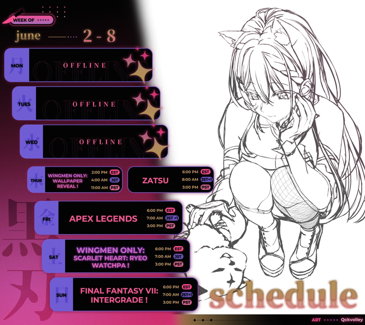 aryakuroha's tweet image. 【 SCHEDULE ✦ June 2 - 8】late schedule post for the week 🖤