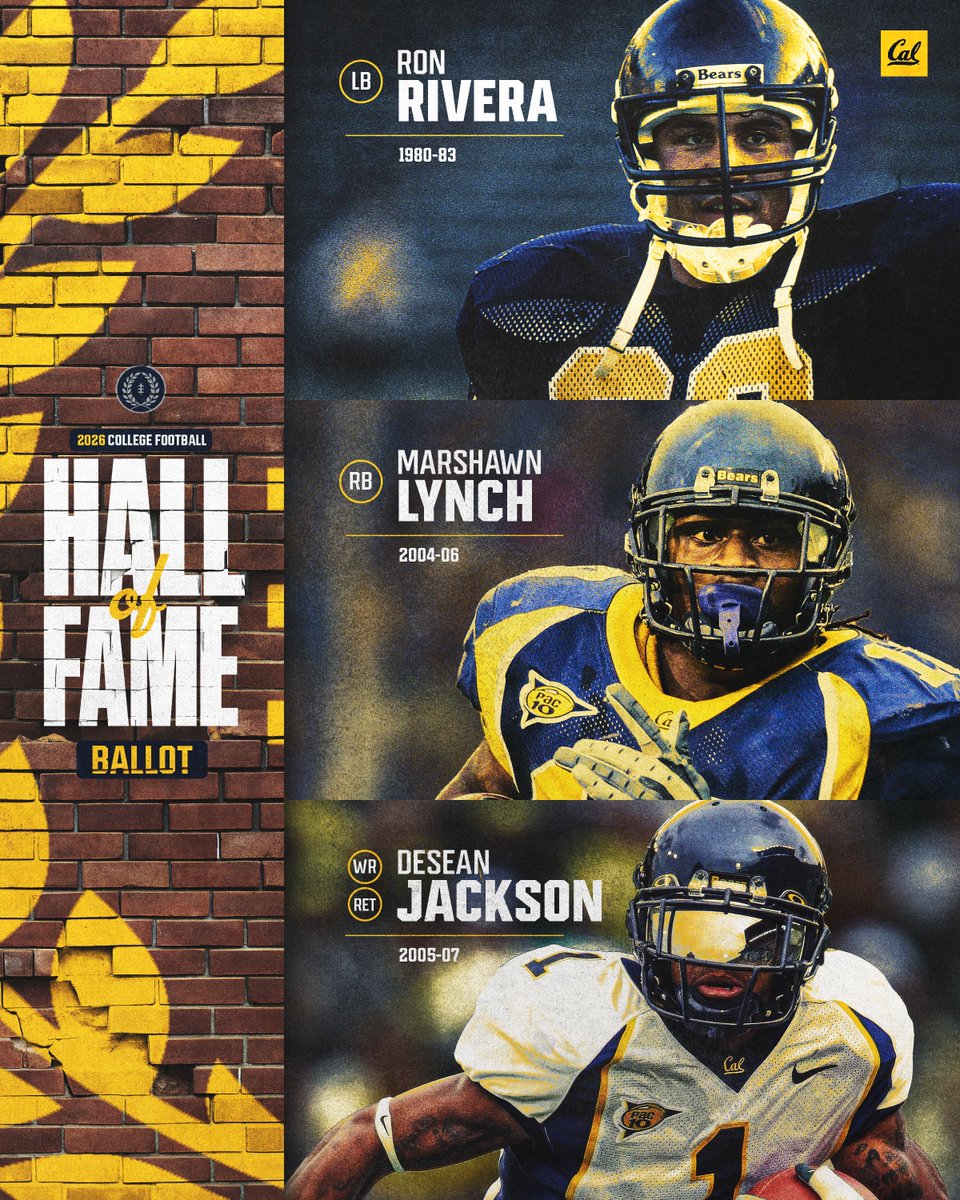 Cal Football (@calfootball) on Twitter photo 3️⃣ Cal Football legends are on the <a href="/NFFNetwork/">National Football Foundation</a> 2026 College Football Hall of Fame ballot 🏆
🐻 Ron Rivera
🐻 Marshawn Lynch
🐻 DeSean Jackson
🔗: calbea.rs/45aVSFP
#GoBears 3️⃣ Cal Football legends are on the <a href="/NFFNetwork/">National Football Foundation</a> 2026 College Football Hall of Fame ballot 🏆
🐻 Ron Rivera
🐻 Marshawn Lynch
🐻 DeSean Jackson
🔗: calbea.rs/45aVSFP
#GoBears