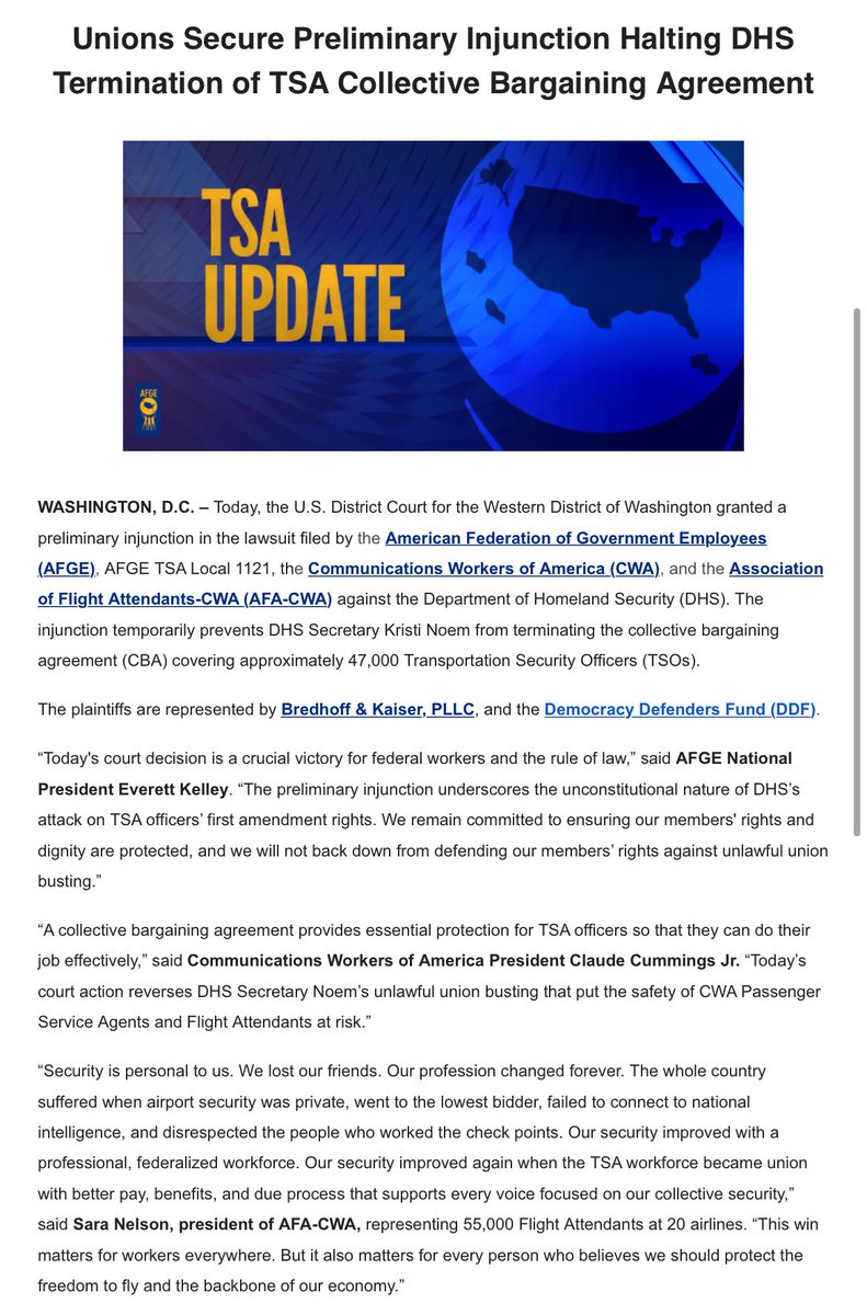 New: A federal judge in Washington State is temporarily blocking DHS from  eliminating collective bargaining rights for 47K frontline TSA employees