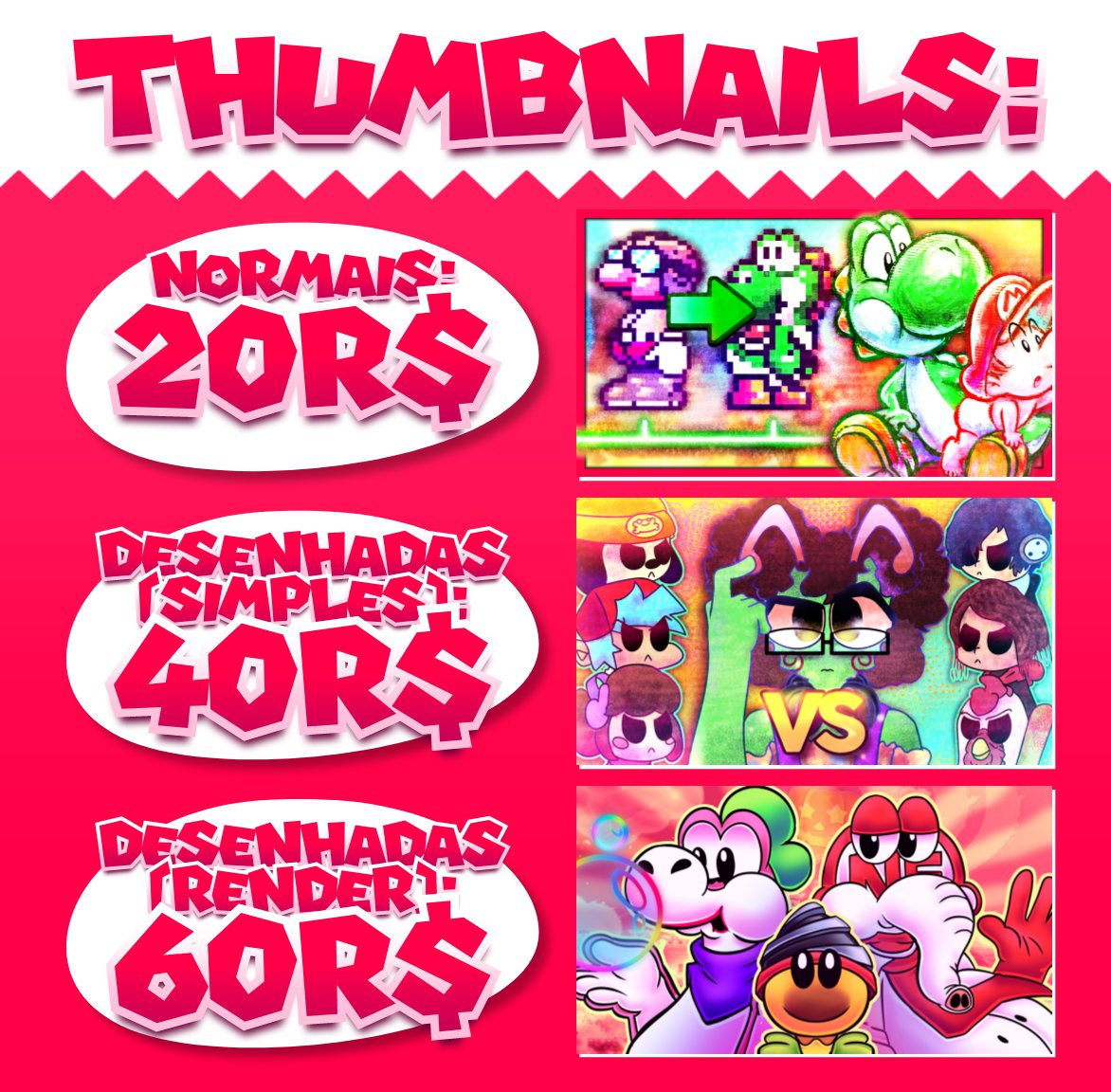 IsadoraGameOver's tweet image. Bem, agora que terminei o vídeo tô de comissões abertas de novo!⭐️
Mesmas coisas de sempre: faço thumb e arte render pelos preços abaixo, aceito só pix por enquanto, e se tiver interesse é só vir DM‼️