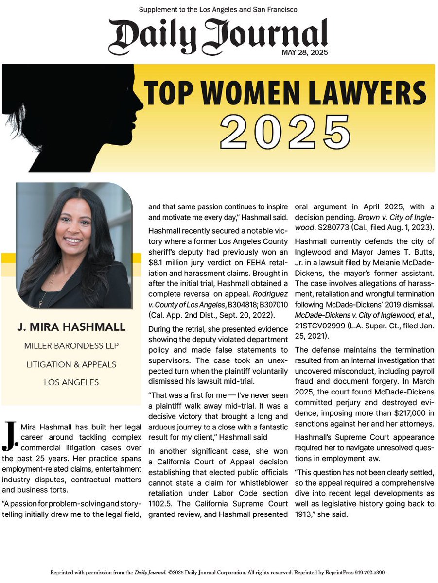 MillerBarondess's tweet image. Congratulations to Mira Hashmall for her recognition as one of the Daily Journal's Top Women Lawyers in California 2025! tinyurl.com/mrxfcxpa

Learn more about Mira's practice: tinyurl.com/mpu9kfhz

#litigators #triallawyers #appellatelaw #TeamMB