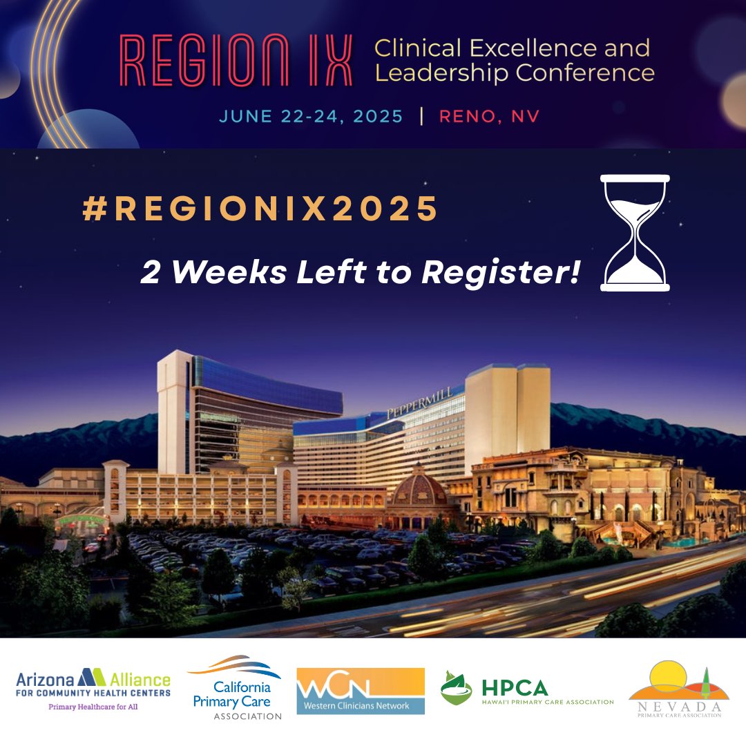 California Primary Care Association (@cpca) on Twitter photo ⏳ 2 Weeks Left to Register for 2025 Region IX Clinical Excellence & Leadership Conference!
 📍 Reno, NV | 🗓️ June 22–24 🔗ow.ly/RPvj50W2YvI #RegionIX2025 ⏳ 2 Weeks Left to Register for 2025 Region IX Clinical Excellence & Leadership Conference!
 📍 Reno, NV | 🗓️ June 22–24 🔗ow.ly/RPvj50W2YvI #RegionIX2025