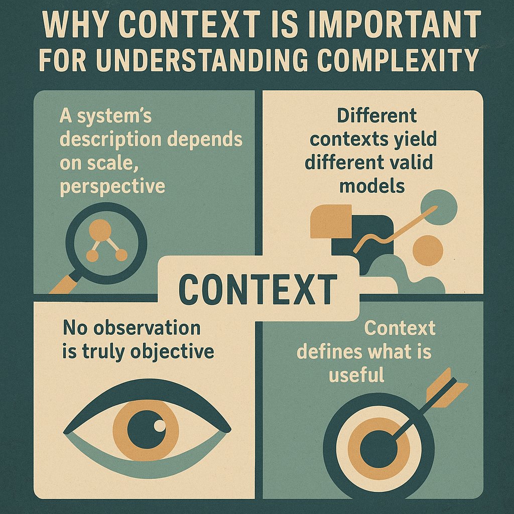 jrncarlock's tweet image. In complexity, context is everything. A system’s behavior and how we describe it depend on scale, perspective, and purpose. Ignoring context leads to potentially flawed conclusions by mistaking the simple for the complex. #ComplexityScience #SystemsThinking