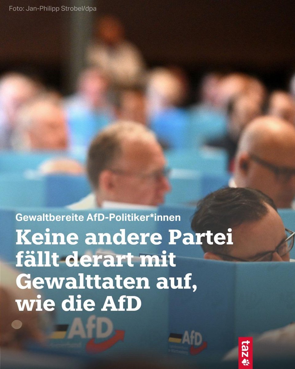 Die AfD ist eine Gruppe von gewalttätigen Politikern:

Feb 2025, Brandenburg: AfD-Ortschef stößt Mann zu Boden, und schubst ihn erneut beim Aufstehen.

Feb 2025, Niedersachsen: AfD-Kommunalpolitiker schlägt Demonstrant ins Gesicht.

Feb 2025, Bayern: AfD-Gemeinderat attackiert