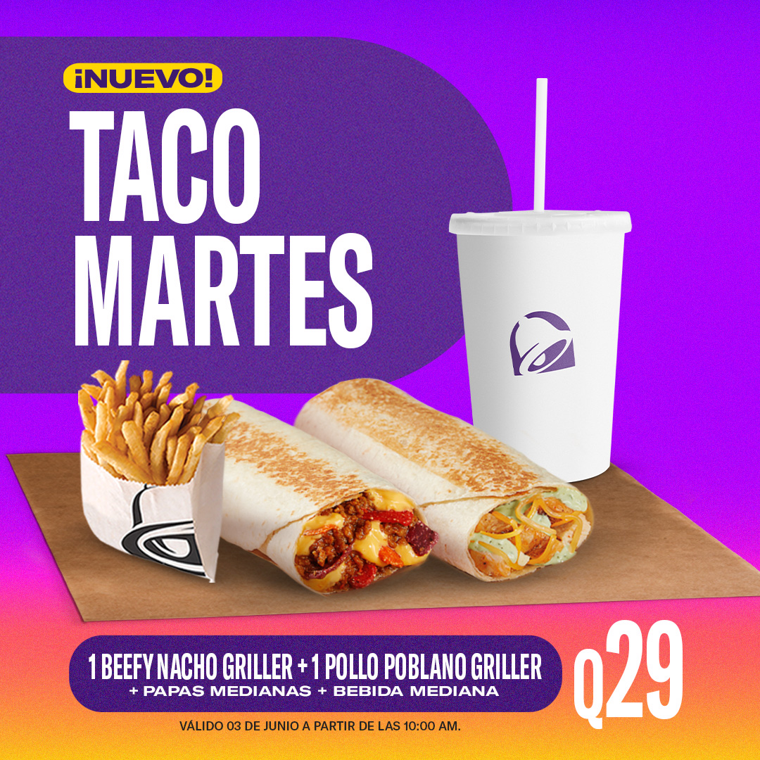 Si los martes te siguen pareciendo x… es porque aún no has probado un Taco Martes como se debe. 🌮😏

1 Beefy nacho griller + 1 Pollo poblano Griller + papas medianas + soda mediana por  Q29.

Pídelo en cualquiera de nuestros restaurantes o a domicilio al 2202-0111.

📲Ordena
