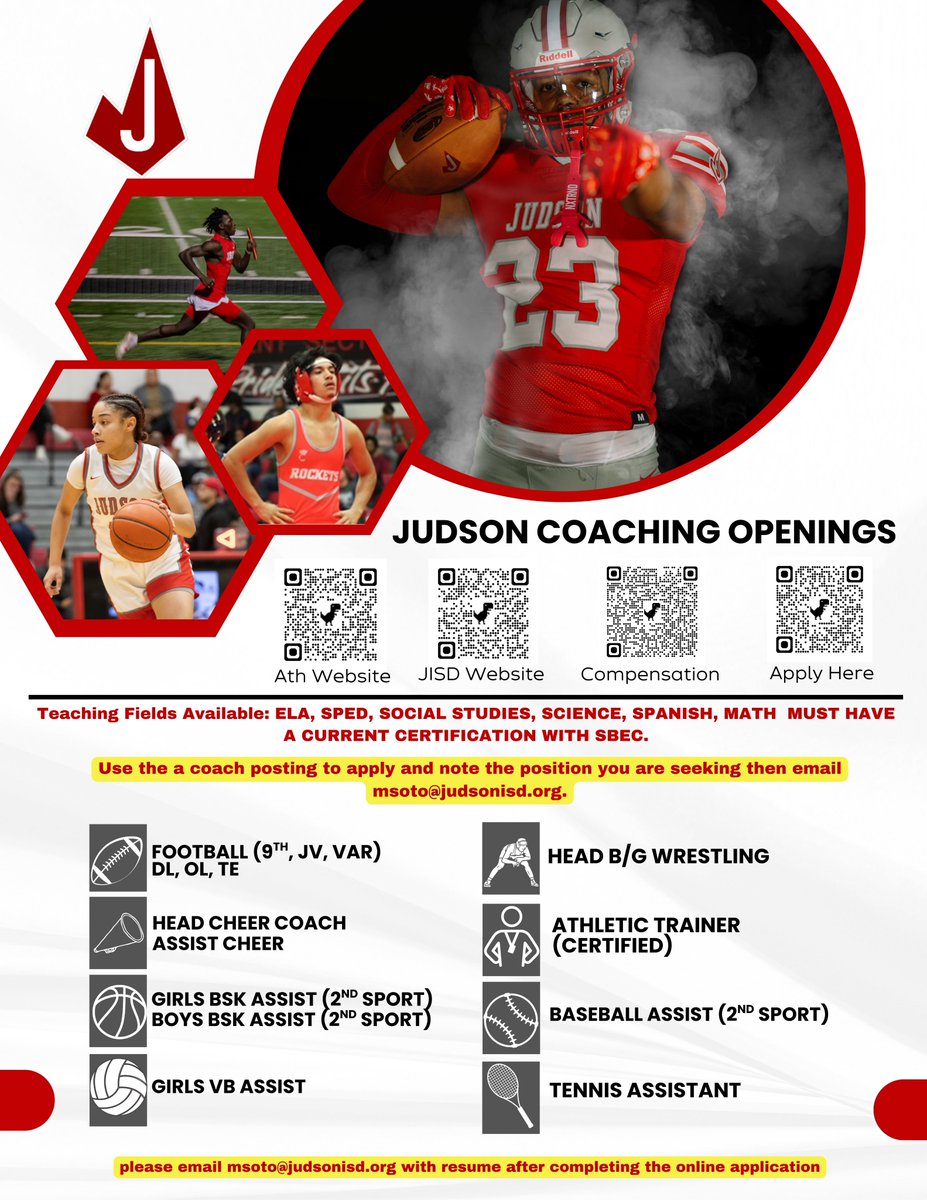 Coach Soto (@coachsotopop) on Twitter photo Come TAKE OFF with the Rockets! Looking for great men and women to help guide talented student-athletes. <a href="/JISDRocketPride/">Judson High School</a> <a href="/JISD_ATHLETICS/">Judson ISD Athletics</a> <a href="/JudsonISD/">Judson ISD š</a> Come TAKE OFF with the Rockets! Looking for great men and women to help guide talented student-athletes. <a href="/JISDRocketPride/">Judson High School</a> <a href="/JISD_ATHLETICS/">Judson ISD Athletics</a> <a href="/JudsonISD/">Judson ISD š</a>