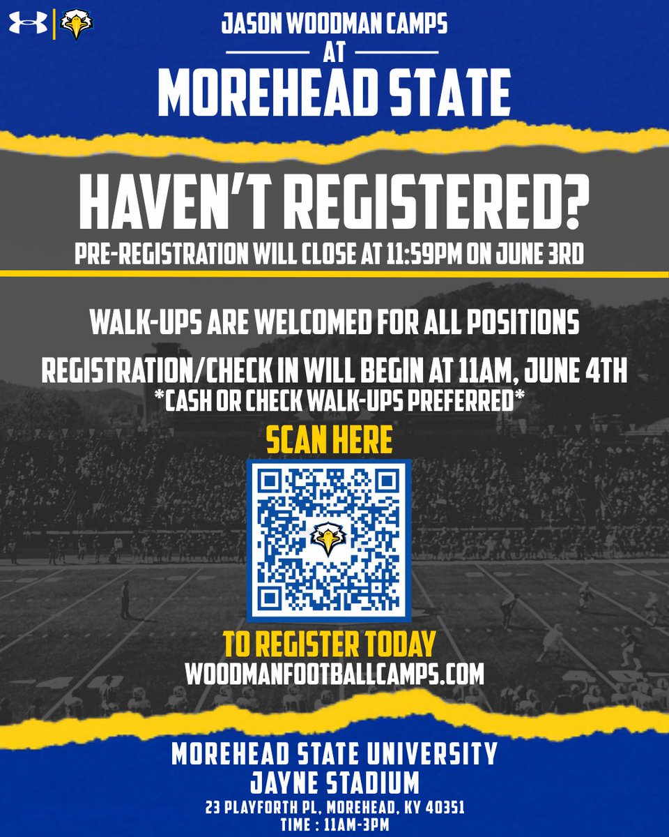 Joey Kiernan (@coachjkiernan) on Twitter photo Don’t miss the first opportunity to get coached and evaluated by the <a href="/MSUEaglesFB/">Morehead State Football</a> staff!
Get signed up today:
WOODMANFOOTBALLCAMPS.COM Don’t miss the first opportunity to get coached and evaluated by the <a href="/MSUEaglesFB/">Morehead State Football</a> staff!
Get signed up today:
WOODMANFOOTBALLCAMPS.COM