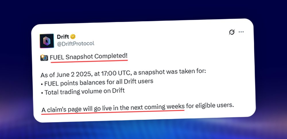 Drift’s FUEL Snapshot Complete — Airdrop Claim Coming Soon! 🪂

Drift [<a href="/DriftProtocol/">Drift</a>] has officially taken the snapshot for their FUEL points program — paving the way for $DRIFT Airdrop 2.

📸 Snapshot date: June 2, 2025, at 5 PM UTC

The claim page will go live in the coming