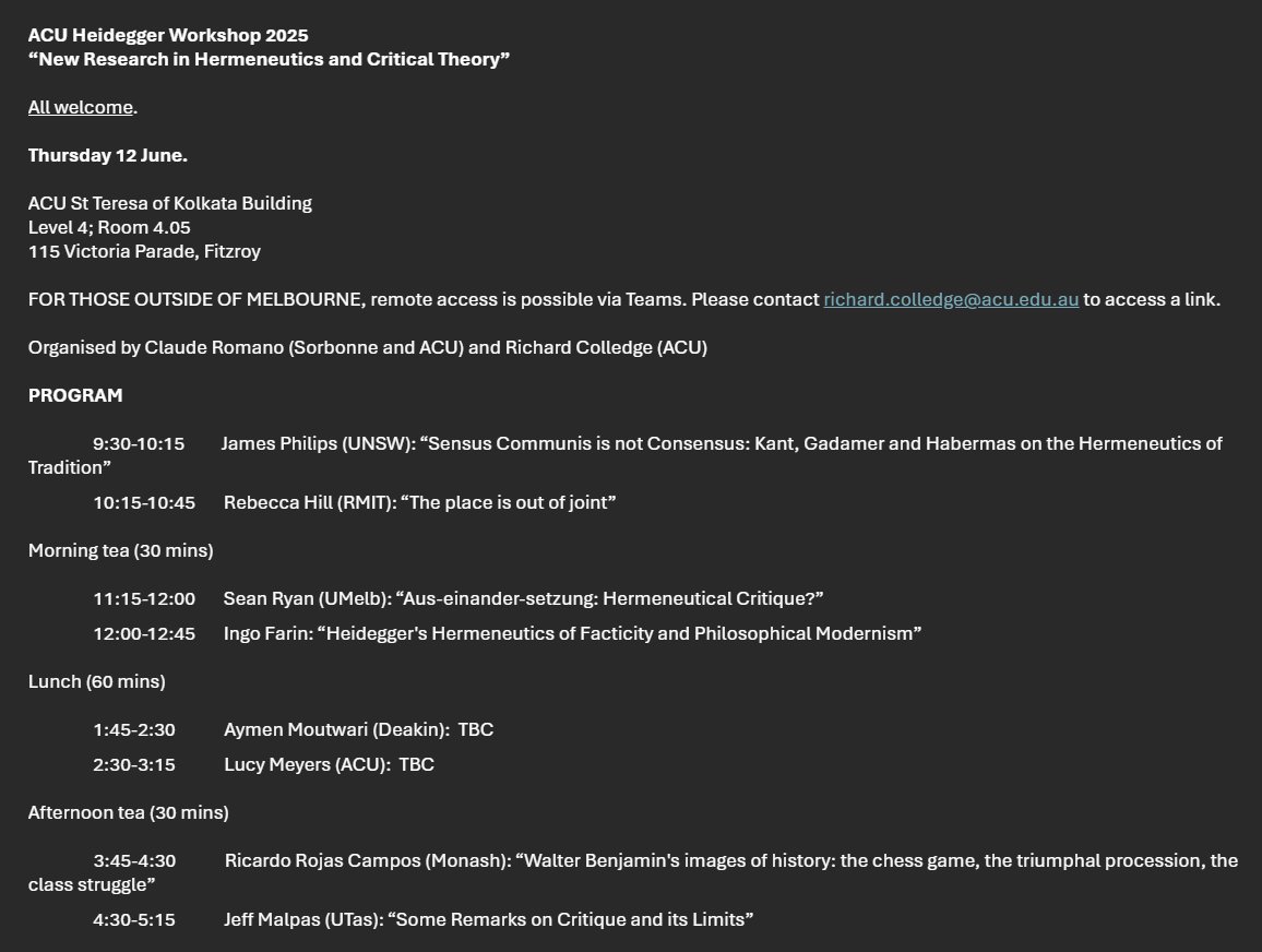 MSCPhilosophy's tweet image. ACU Heidegger Workshop 2025
Thursday 12 June, ACU Fitzroy.