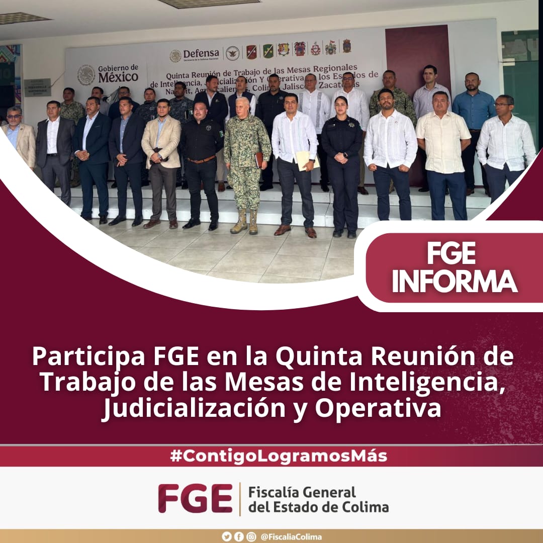 Participa FGE en la Quinta Reunión de Trabajo de las Mesas de Inteligencia, Judicialización y Operativa

+ Se llevó a cabo en el Estado de Nayarit

Más información en el siguiente enlace: fgecolima.mx/fge_boletines_…
