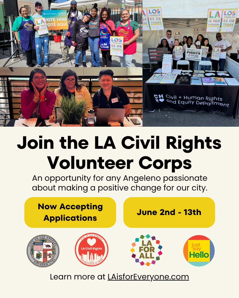We’re accepting applications for our Volunteer Corps through June 13!
This is your chance to stand up for civil rights, support justice, and help build a #LosAngeles For Everyone. Join us and be part of the change! Apply now at LAisForEveryone.com

#volunteer
#LAForAll