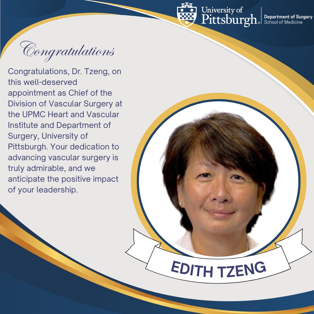 Pitt Surgery (@pittsurgery) on Twitter photo A heartfelt congratulations, <a href="/Edith_Tz/">Edith Tzeng</a> on this significant achievement! Your appointment as Chief of <a href="/UPMC_Vascular/">UPMC Vascular Surgery</a> is a testament to your commitment to excellence and visionary #leadership. #VascularSurgery
#Healthcare #Medicine <a href="/UPMCnews/">UPMC</a> <a href="/UPMC/">UPMC</a> <a href="/HviUpmc/">UPMC Heart and Vascular Institute</a> <a href="/DeptVetAffairs/">Veterans Affairs</a> A heartfelt congratulations, <a href="/Edith_Tz/">Edith Tzeng</a> on this significant achievement! Your appointment as Chief of <a href="/UPMC_Vascular/">UPMC Vascular Surgery</a> is a testament to your commitment to excellence and visionary #leadership. #VascularSurgery
#Healthcare #Medicine <a href="/UPMCnews/">UPMC</a> <a href="/UPMC/">UPMC</a> <a href="/HviUpmc/">UPMC Heart and Vascular Institute</a> <a href="/DeptVetAffairs/">Veterans Affairs</a>