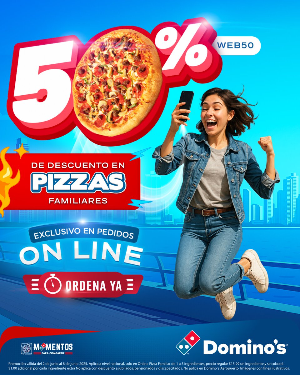 🎉 ¡Aprovecha nuestro 50% de descuento en pizzas familiares al ordenar online! 🍕

✨ Exclusivo online solo del 2 al 8 de junio de 2025, porque el flow viene con la mejor con pizza ❤️

📱 Pide fácil, rápido y prity en nuestra web.