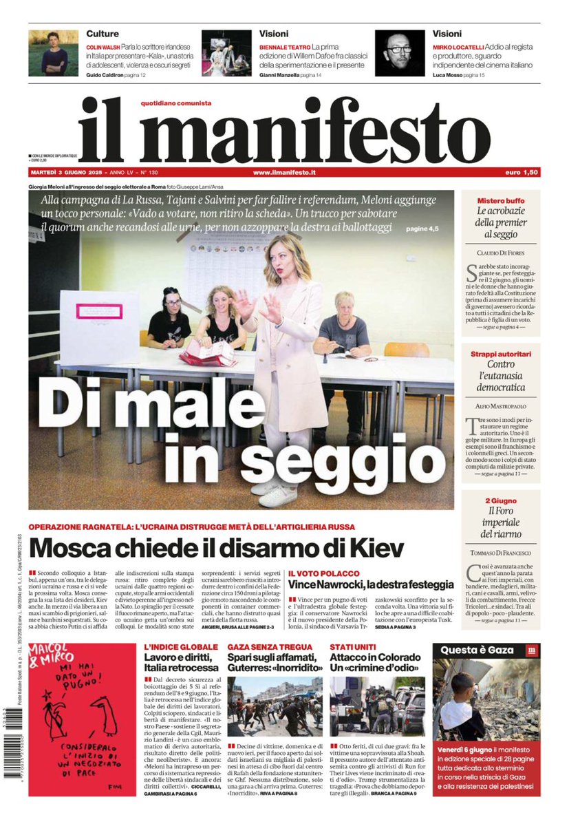 Alla campagna di La Russa, Tajani e Salvini per far fallire i #Referendum , Meloni aggiunge un tocco personale: «Vado a votare, non ritiro la scheda». Un trucco per sabotare il quorum anche recandosi alle urne e per non azzoppare la destra ai ballottaggi