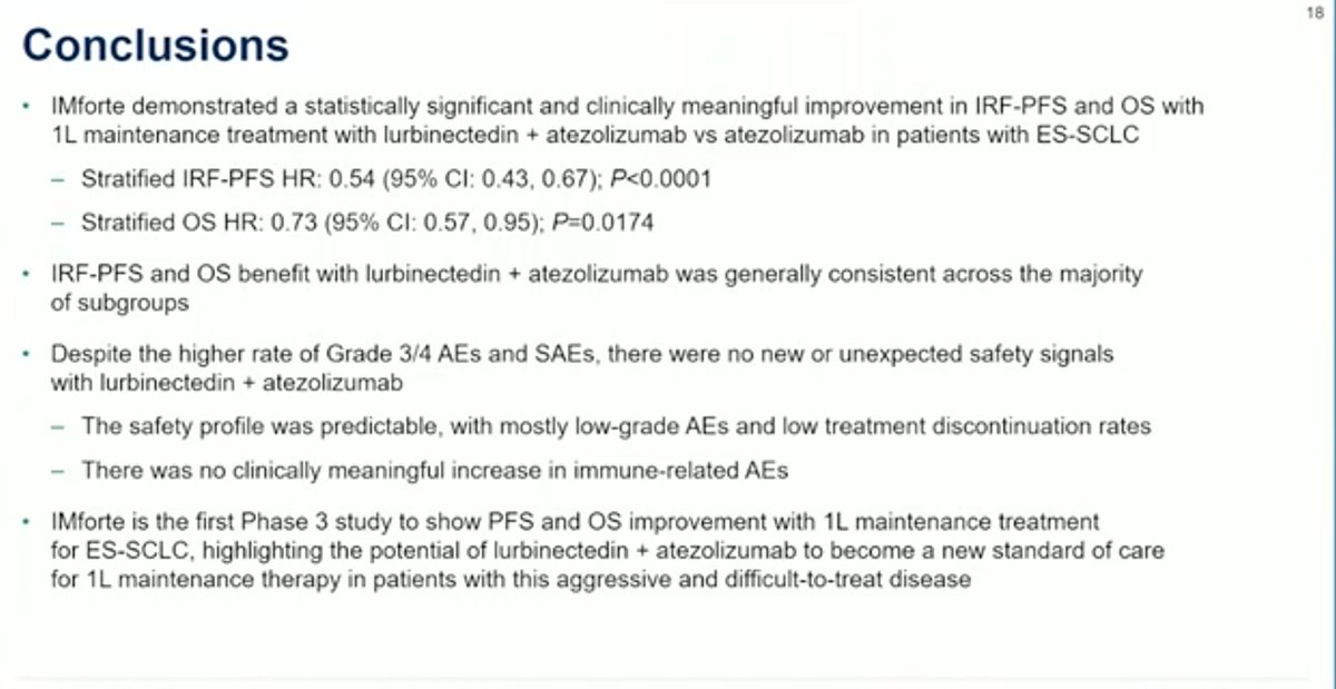 Phase 3 IMforte: 1st Ph 3 study to show PFS and OS improvement with 1L maintenance in ES-SCLC: Lurbinectedin + atezolizumab  obtained a significantly benefit in both in both IRF-PFS(HR, 0.54) and OS (HR, 0.73) vs atezo.
<a href="/OncoAlert/">OncoAlert</a> #ASCO2025 @AECAP <a href="/OncoAlert/">OncoAlert</a> #ASCO2025 #LCSM