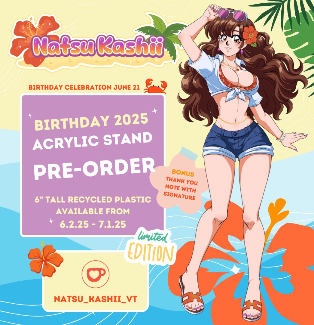 Natsu Kashii 🌺🏝️ Retro VTuber (@natsu_kashii_vt) on Twitter photo My birthday is on June 21st! 🎂 To celebrate, I'm releasing my first official merchandise featuring brand new art by <a href="/0tacat/">Otacat 🍥 C0mmissi0ns Open!</a>!
🌺 Pre-Orders are OPEN NOW: ko-fi.com/s/1095fd59e4
Sales help fund my in-progress Live2D model art and rigging! 🏝️
#Vtuber #ENVtuber #DrawNatsu My birthday is on June 21st! 🎂 To celebrate, I'm releasing my first official merchandise featuring brand new art by <a href="/0tacat/">Otacat 🍥 C0mmissi0ns Open!</a>!
🌺 Pre-Orders are OPEN NOW: ko-fi.com/s/1095fd59e4
Sales help fund my in-progress Live2D model art and rigging! 🏝️
#Vtuber #ENVtuber #DrawNatsu
