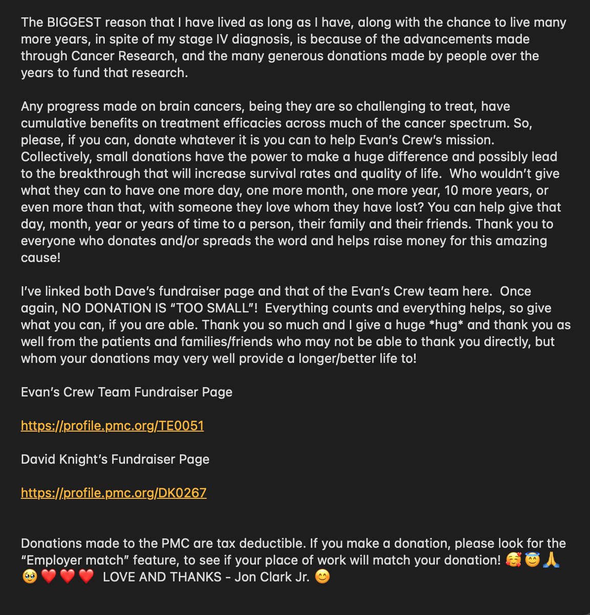 Jon Clark ❤️🤍💙💛🇺🇦😸😷🏳️🌈 (@jonclarkjr1) on Twitter photo To my Twitter/X community and Cancer Community, if you have the time to read all this (😅) please do, and consider donating. Thank you. ❤️❤️❤️🥰🙏
<a href="/PanMass/">Pan-Mass Challenge</a>
Evan's Crew Team Donation Page:
profile.pmc.org/TE0051
Dave Knight's Donation Page:
profile.pmc.org/DK0267 To my Twitter/X community and Cancer Community, if you have the time to read all this (😅) please do, and consider donating. Thank you. ❤️❤️❤️🥰🙏
<a href="/PanMass/">Pan-Mass Challenge</a>
Evan's Crew Team Donation Page:
profile.pmc.org/TE0051
Dave Knight's Donation Page:
profile.pmc.org/DK0267