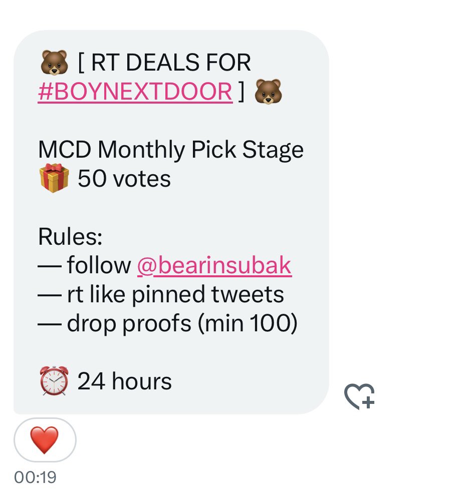 🐻 [ RT DEALS FOR #BOYNEXTDOOR ] 🐻

MCD Monthly Pick Stage
🎁 50 votes 

Rules:
— follow <a href="/bearinsubak/">bear vote</a>
— rt like pinned tweets
— drop proofs (min 100)

⏰ 24 hours