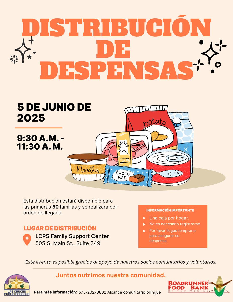 Las Cruces Public Schools (@lcpsnet) on Twitter photo Reparto de Alimentos: ¡El equipo bilingüe de LCPS y Roadrunner Food Bank de NM organizarán un evento de distribución de comida!
đź“… 5 de junio
⏰ 9:30 a.m. – 11:30 a.m.
📍 505 S. Main St., Suite 249
¡Para las primeras 50 familias! <a href="/LCPSnet/">Las Cruces Public Schools</a> Reparto de Alimentos: ¡El equipo bilingüe de LCPS y Roadrunner Food Bank de NM organizarán un evento de distribución de comida!
đź“… 5 de junio
⏰ 9:30 a.m. – 11:30 a.m.
📍 505 S. Main St., Suite 249
¡Para las primeras 50 familias! <a href="/LCPSnet/">Las Cruces Public Schools</a>