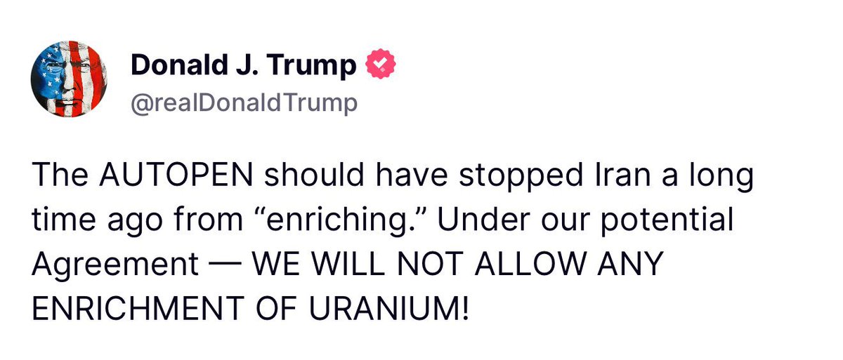 In case anyone doubted Trump: No uranium enrichment for Iran 👇