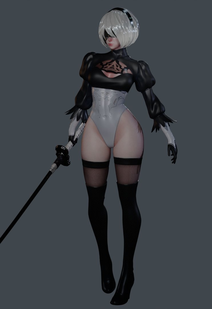 sinadoes3di's tweet image. WIP 2B NIER – Some progress so far. Texturing&apos;s finished, currently working on lighting and render setup