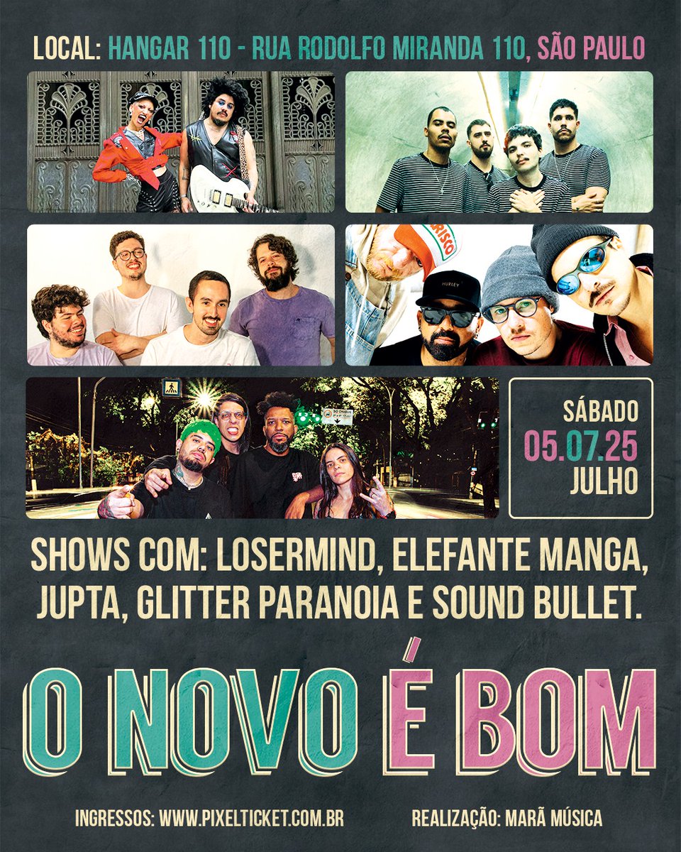 O NOVO É BOM - Festival de novas bandas

Dia 05/07 tem LOSERMIND, ELEFANTE MANGA, JUPTA, GLITTER PARANOIA e SOUND BULLET no lendário Hangar 110, em São Paulo.
Quem a gente encontra por lá?

Abertura da casa: 19:00hs
Classificação: 18 anos