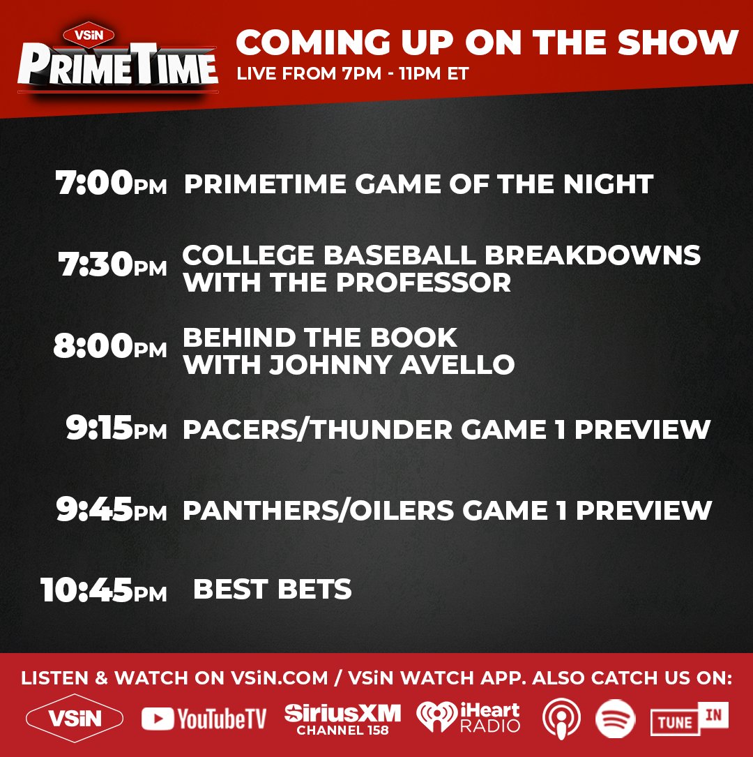 VSiN (@vsinlive) on Twitter photo Today on #VSiNPrimeTime with <a href="/1TimMurray/">Tim Murray</a> & <a href="/mattyoumans247/">Matt Youmans</a> #NBAFinals Game 1 Preview, #StanleyCup Game 1 Preview, #MLB sweats & more!
Guests: <a href="/pubrelationprof/">AJ</a> <a href="/EvanHAbrams/">Evan Abrams</a> <a href="/SteveMcGehee/">Steve McGehee</a> Johnny Avello from <a href="/DKSportsbook/">DraftKings Sportsbook</a>
Listen Live: linktr.ee/VSiNPrimeTime Today on #VSiNPrimeTime with <a href="/1TimMurray/">Tim Murray</a> & <a href="/mattyoumans247/">Matt Youmans</a> #NBAFinals Game 1 Preview, #StanleyCup Game 1 Preview, #MLB sweats & more!
Guests: <a href="/pubrelationprof/">AJ</a> <a href="/EvanHAbrams/">Evan Abrams</a> <a href="/SteveMcGehee/">Steve McGehee</a> Johnny Avello from <a href="/DKSportsbook/">DraftKings Sportsbook</a>
Listen Live: linktr.ee/VSiNPrimeTime
