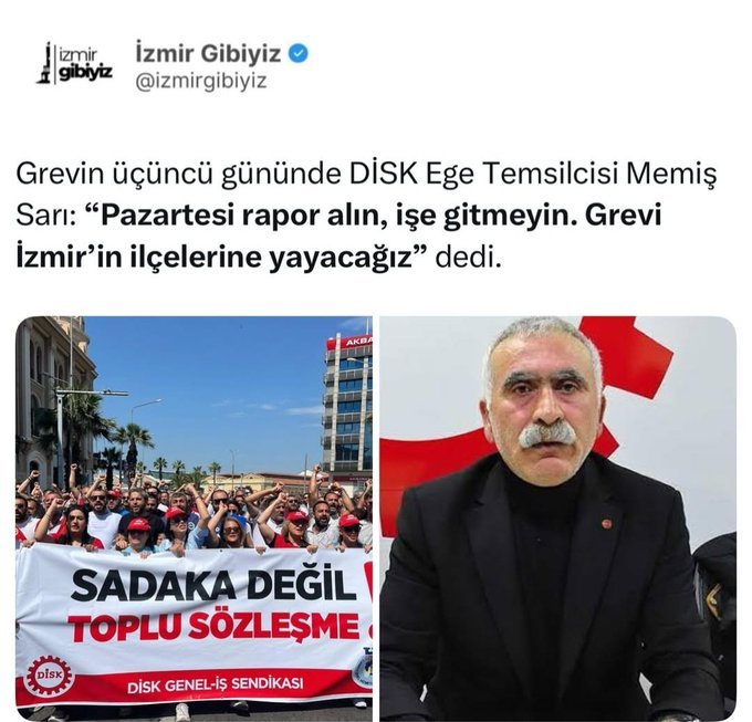 Ülkede milyonlarca üni.mezunu genç işsizken,İzmir bld. sizleri adam yerine koyup işe almış.Hemde insanların sefaletle boğuştuğu  dönemde, asgari ücretin 3 katı maaşı beğenmiyorsunuz.İzmire yakışmıyorsun DİSK !
<a href="/izmirbld/">İzmir Büyükşehir Belediyesi</a> ve
<a href="/drcemiltugay/">Dr. Cemil Tugay</a> ın yanındayız
#LOKAVTHEMENSİMDİ 
#çöp