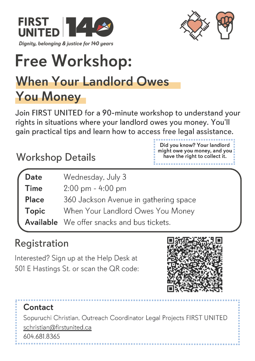 FirstUnitedDTES's tweet photo. Back by popular demand: Free Housing Rights Workshops!

Every Weds from June 11-July 2 we'll be hosting free workshops open to all about your rights as a tenant. 

More info &amp; to register: https://t.co/6mhklm8X59 https://t.co/RejBaD6lXL