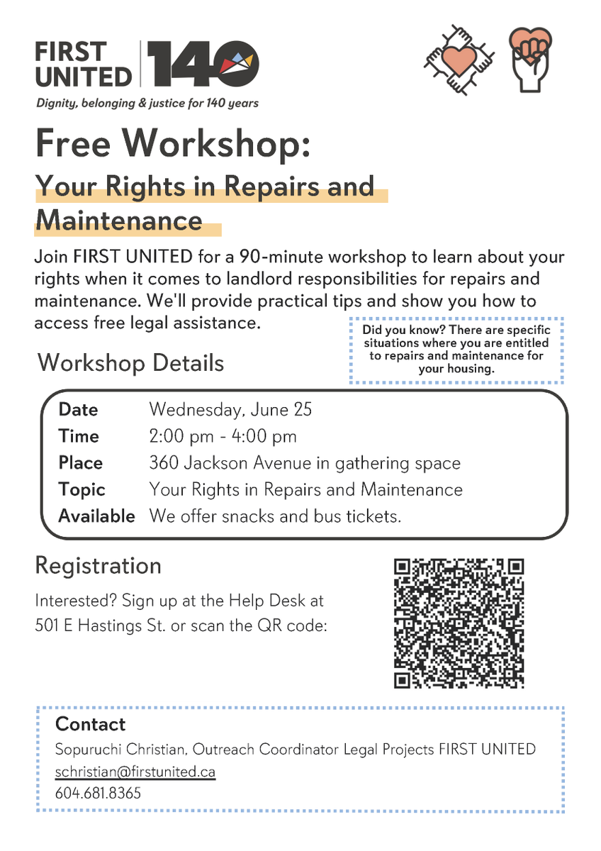 FirstUnitedDTES's tweet photo. Back by popular demand: Free Housing Rights Workshops!

Every Weds from June 11-July 2 we'll be hosting free workshops open to all about your rights as a tenant. 

More info &amp; to register: https://t.co/6mhklm8X59 https://t.co/RejBaD6lXL
