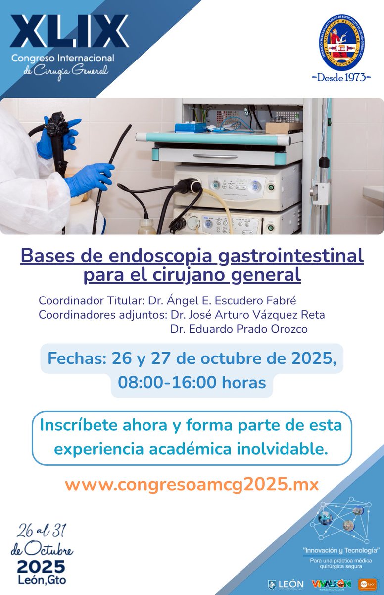 🔍 Amplía tus habilidades quirúrgicas con fundamentos sólidos en endoscopía gastrointestinal.

Participa en el curso Bases de endoscopia gastrointestinal para el cirujano general dentro del XLIX Congreso Internacional de Cirugía General.

📅 26 y 27 de octubre de 2025
 🕗