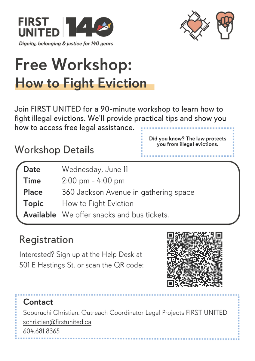 FirstUnitedDTES's tweet photo. Back by popular demand: Free Housing Rights Workshops!

Every Weds from June 11-July 2 we'll be hosting free workshops open to all about your rights as a tenant. 

More info &amp; to register: https://t.co/6mhklm8X59 https://t.co/RejBaD6lXL