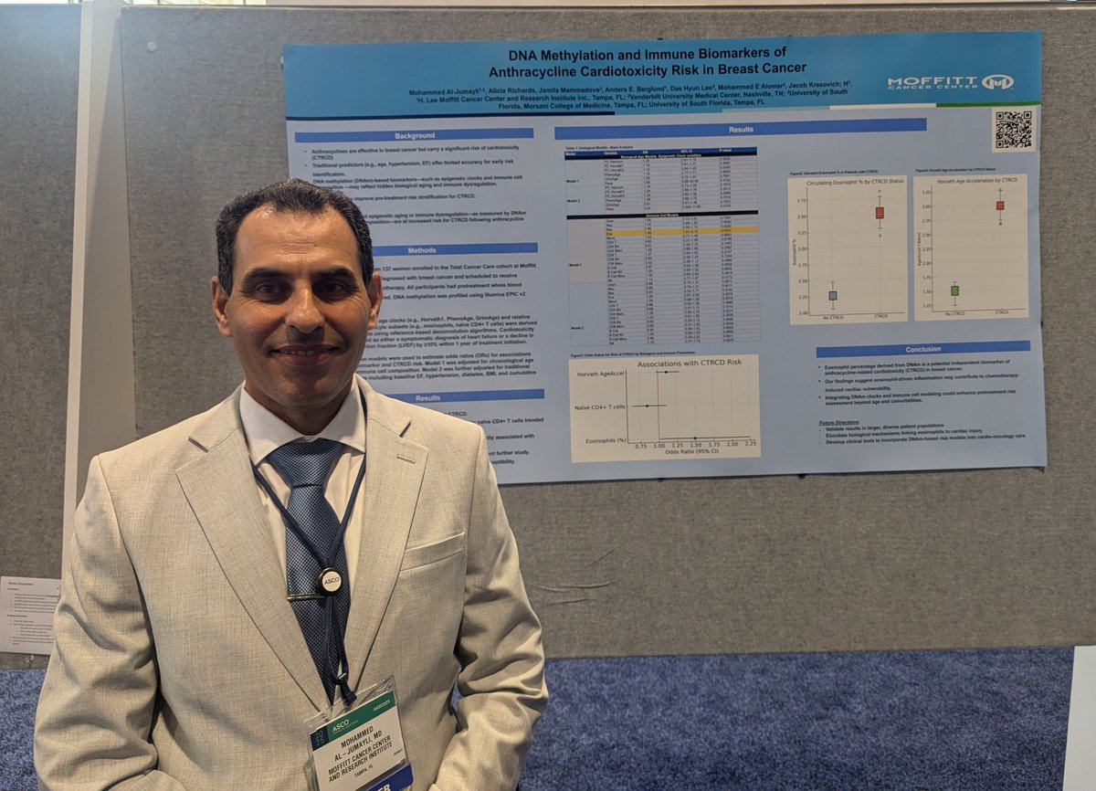 Mohammed Al-Jumayli (@mjumayli2016) on Twitter photo Honored to present our #ASCO25 poster on DNA methylation biomarkers of anthracycline related cardiotoxicity.By integrating epigenetic clocks and immune cell profiles,we explored how physio reserve &latent vulnerability may shape toxicity risk <a href="/MoffittNews/">Moffitt Cancer Center</a>
<a href="/myCARG/">Cancer and Aging Research Group (CARG) #GeriOnc</a> <a href="/siognah/">SIOGNAH</a> Honored to present our #ASCO25 poster on DNA methylation biomarkers of anthracycline related cardiotoxicity.By integrating epigenetic clocks and immune cell profiles,we explored how physio reserve &latent vulnerability may shape toxicity risk <a href="/MoffittNews/">Moffitt Cancer Center</a>
<a href="/myCARG/">Cancer and Aging Research Group (CARG) #GeriOnc</a> <a href="/siognah/">SIOGNAH</a>
