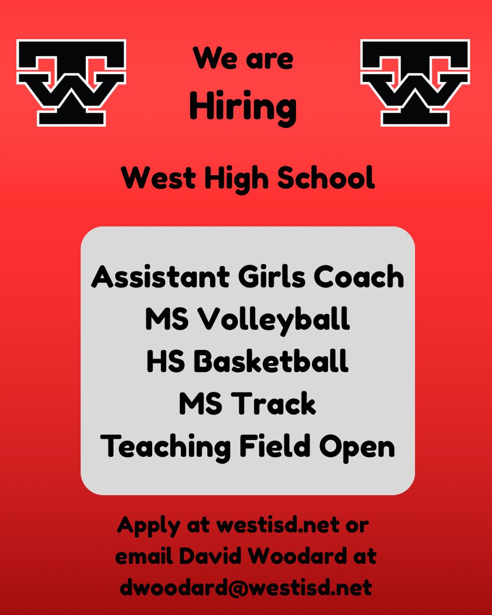 David Woodard (@dwoodard10) on Twitter photo West HS needs an assistant girls coach in a highly successful girls program. VB State Semifinalists, BB Regional Finalists, Track Regional Champions. Highly lucrative stipend scale including CDL and Summer stipends. <a href="/westladytrojans/">West Lady Trojans</a> <a href="/WestISD/">West Independent School District</a> West HS needs an assistant girls coach in a highly successful girls program. VB State Semifinalists, BB Regional Finalists, Track Regional Champions. Highly lucrative stipend scale including CDL and Summer stipends. <a href="/westladytrojans/">West Lady Trojans</a> <a href="/WestISD/">West Independent School District</a>