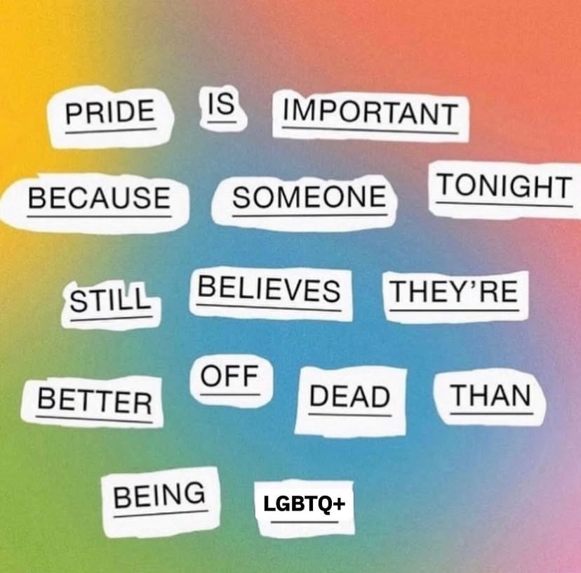 "Orgulho é importante porque alguém essa noite ainda acredita que é melhor estar morto do que ser LGBTQ+" 🏳️‍🌈🏳️‍⚧️

Orgulho LGBTQIAPN+ | Pride Month