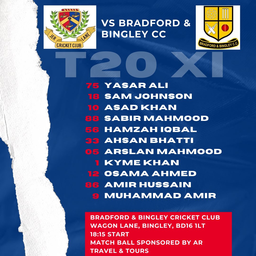 Jer Lane CC (@jerlanecc) on Twitter photo The <a href="/bclcricket/">Gordon Rigg Bradford Premier League</a> T20 Rigg Bash starts tomorrow!
The lads travel to Wagon Lane to take on <a href="/Brad_BingleyCC/">Bradford & BingleyCC</a> in their first fixture.
Captain Yasar leads the T20 side and the boys will hope to get off a good start tomorrow.
Match ball is proudly sponsored by AR Travel & Tours Ltd. The <a href="/bclcricket/">Gordon Rigg Bradford Premier League</a> T20 Rigg Bash starts tomorrow!
The lads travel to Wagon Lane to take on <a href="/Brad_BingleyCC/">Bradford & BingleyCC</a> in their first fixture.
Captain Yasar leads the T20 side and the boys will hope to get off a good start tomorrow.
Match ball is proudly sponsored by AR Travel & Tours Ltd.