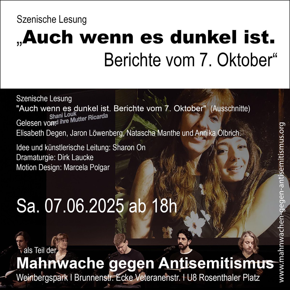ggantisemitism's tweet photo. Wir freuen uns sehr, dass wir bei der nächsten Mahnwache gegen Antisemitismus die Szenische Lesung „Auch wenn es dunkel ist“ mit Zeugnissen von Überlebenden des 7. Oktober empfangen werden.

Danke an das gesamte Ensemble um Sharon On und Dirk Laucke für diese wertvolle Arbeit. https://t.co/pJN7qmSVtK