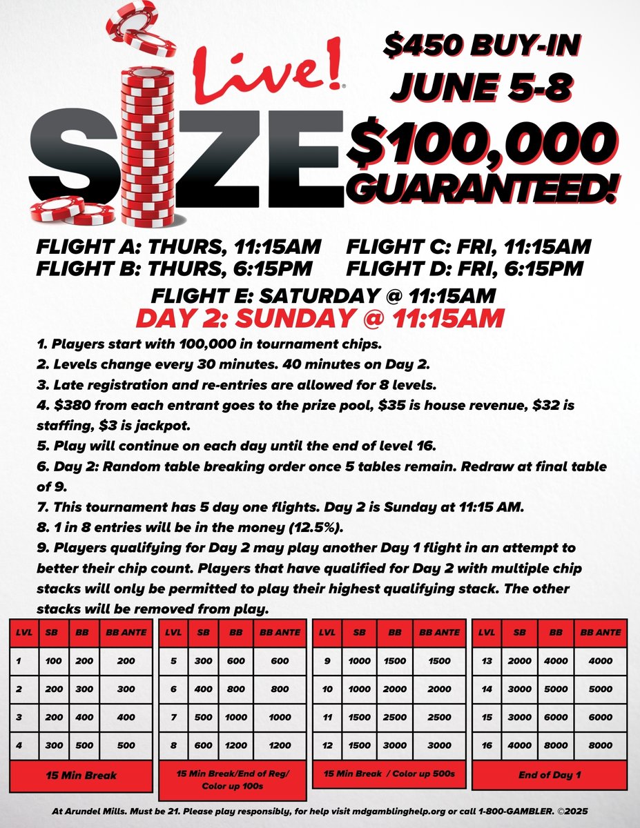 LivePokerRoom's tweet photo. The #LiveSize Returns June 5-8!
100,000 Starting Stack
$100,000 Guaranteed! https://t.co/EsNAeUWoaE