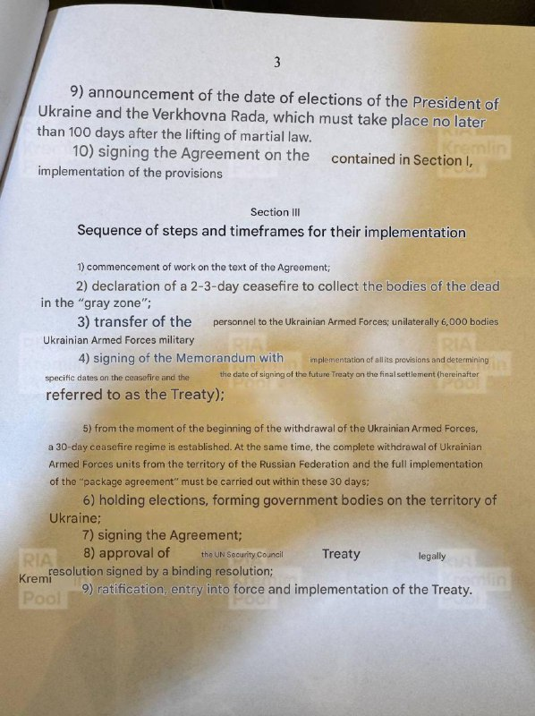 Russia's Proposal.   

Nah, not gonna happen.... literally first first few paragraph is already total opposite of Ukraine's   

Just continue to fight man... this is getting old...  

Russia's proposal didnt even change a bit (neither is Ukraine's)