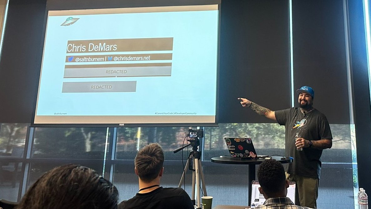 IF YOU ARE LOOKING for a great Dev Advocate or Developer, I ask you to take a moment and check out <a href="/saltnburnem/">Chris D 🛸👣👻</a>.

He spoke at the Commit Your Code Conference last year and absolutely had everyone on the edge of their seats, excited to learn!

Who can you recommend he contact?