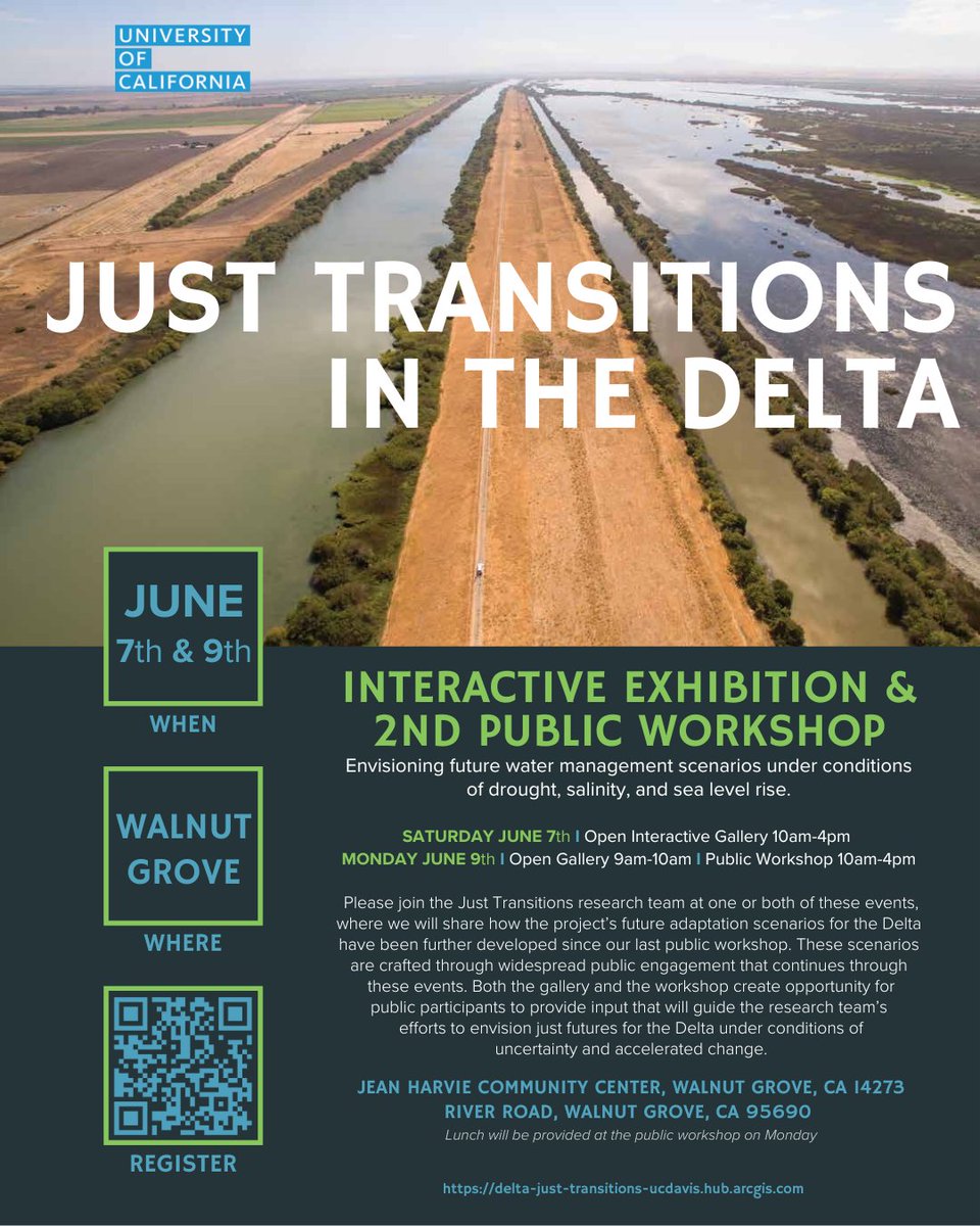 🌊Join us for the Just Transitions Public Workshop in Walnut Grove, CA!

At this workshop led by University of California researchers from UC Davis, UC Berkeley, UC San Diego, and UC Merced, community input will be gathered to shape equitable water management and climate