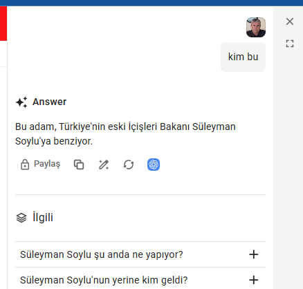 Artık internett resimlerin üstünde bir nokta çıkıyor Chrome'da... Chrome'in yeni özelliği sanırım; ona tıklayınca yapay zekaya soru sorulabiliyor. Denemek için resme tıklayıp "kim bu" diye sordum, verdiği cevaba bak ya... <a href="/Yilmaz_Ozdill/">Yılmaz ÖZDİL</a> Yılmaz Özdil, sen bunu hak etmedin :)