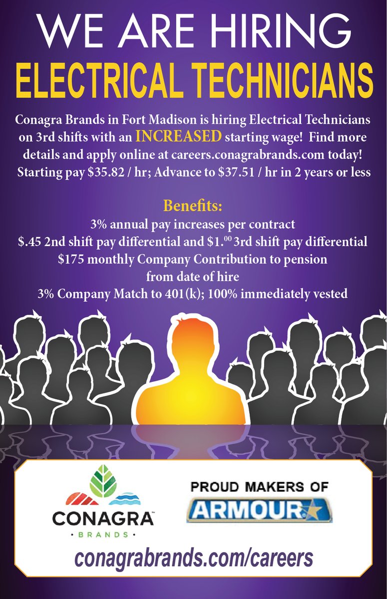 ConAgra in Fort Madison is now hiring Electrical Technicians. Click this ad for more information and go to loom.ly/AWV2F58 . #NowHiring