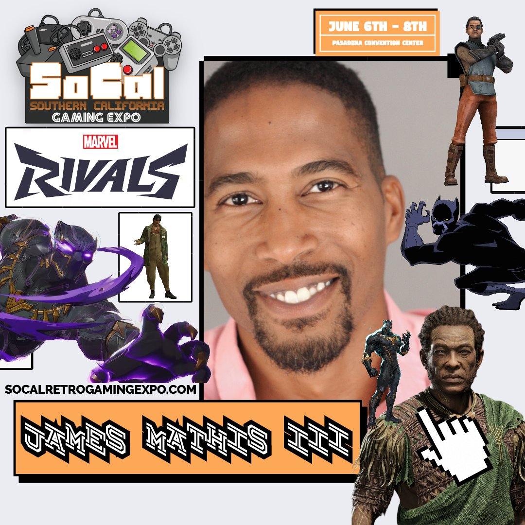 socalgamingexpo's tweet image. Everybody welcome James Mathis III to #SoCalGamingExpo! 🎤 He’s the voice of T’Challa/Black Panther in Marvel Rivals, Avengers: Black Panther’s Quest (2x NAACP Image Award nominee), God of War: Ragnarok, Metal Gear Solid 3, Star Trek Prodigy &amp;amp; more! Sat &amp;amp; Sun only!