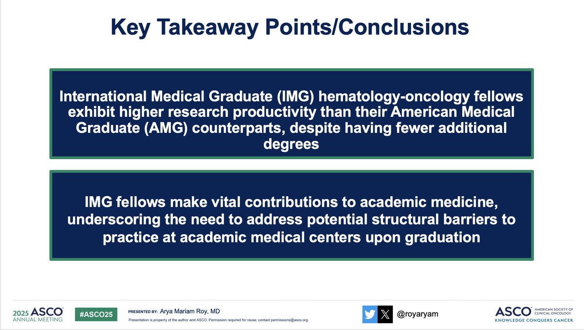 ✨Honored to be a co-author on this important work presented at #ASCO25 <a href="/ASCO/">ASCO</a> 
Proud to support IMG visibility in HemOnc. 🙌
Thank you 🙏 <a href="/royaryam/">Arya Roy</a>  and our amazing team for leading the way!
📌 IMG fellows had 5.7 more manuscripts than AMGs on average (p &lt; 0.001), despite having