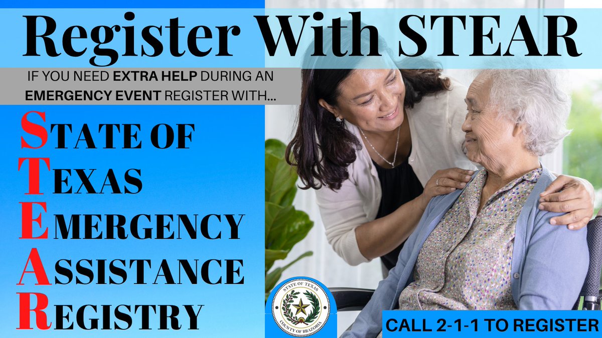 BrazoriaCounty's tweet photo. If you, a loved one, or neighbor will need a ride out of the area during a mandatory evacuation, register for STEAR (State of Texas Emergency Assistance Registry) today at https://t.co/TQOlznkppR or by calling 2-1-1 for evacuation assistance. #STEAR #BePrepared https://t.co/rFbxaXwXBe